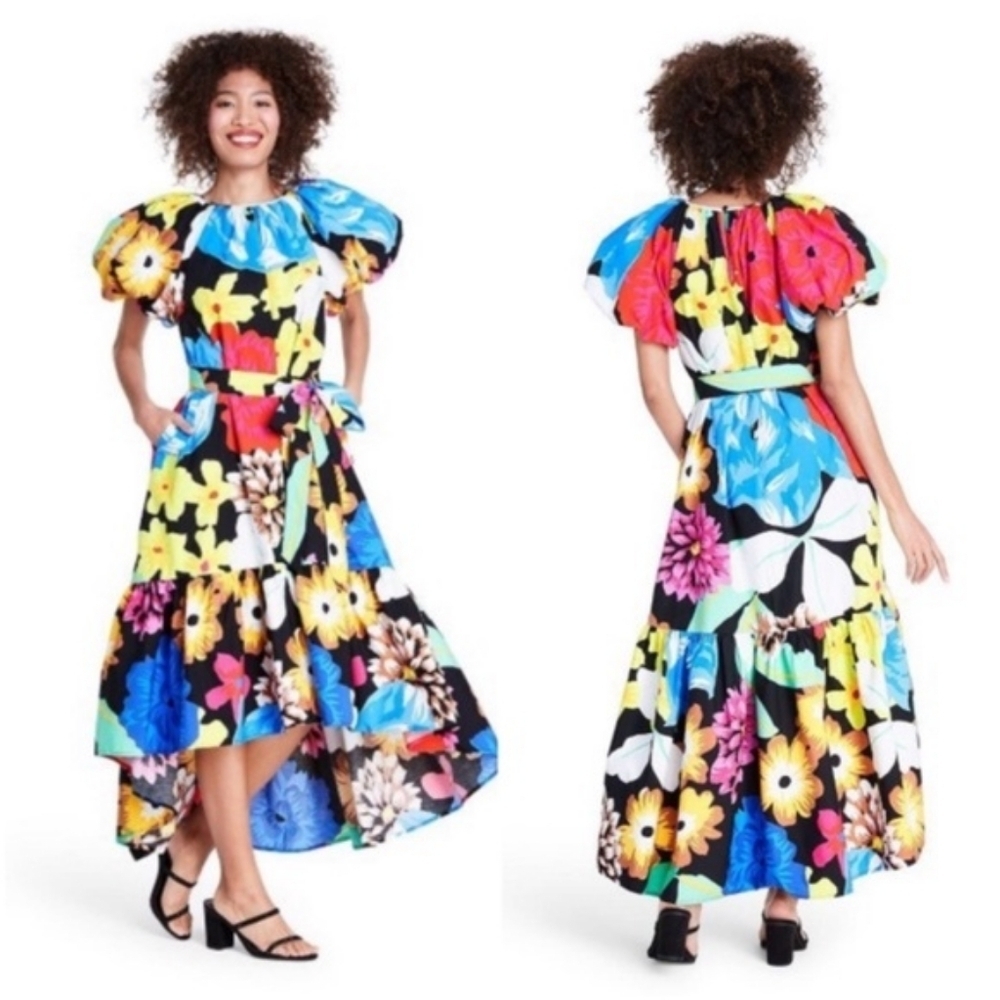 Christopher John Rogers x Target Black Floral Puff Sleeve High Low Dress
